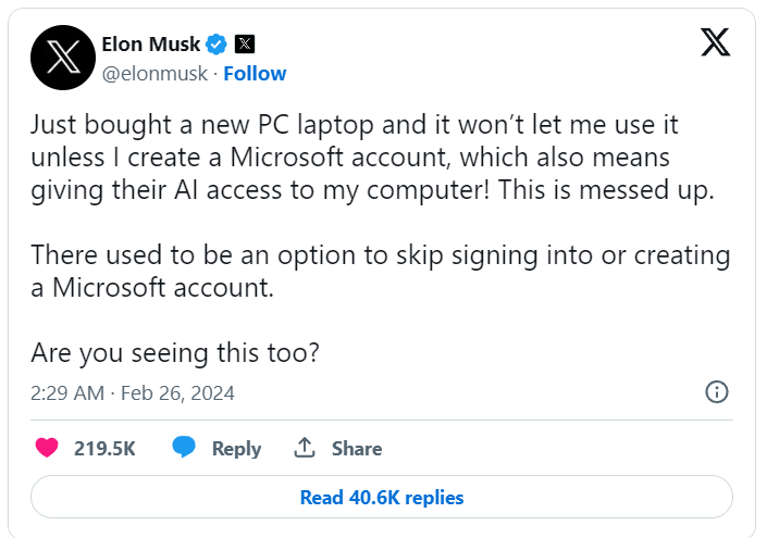 Elon Musk công khai phê bình Windows 11