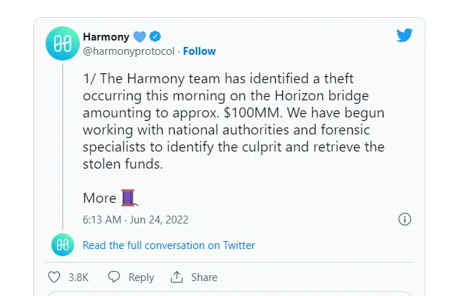 Hacker đánh cắp 100 triệu đô la từ cầu nối blockchain Harmony