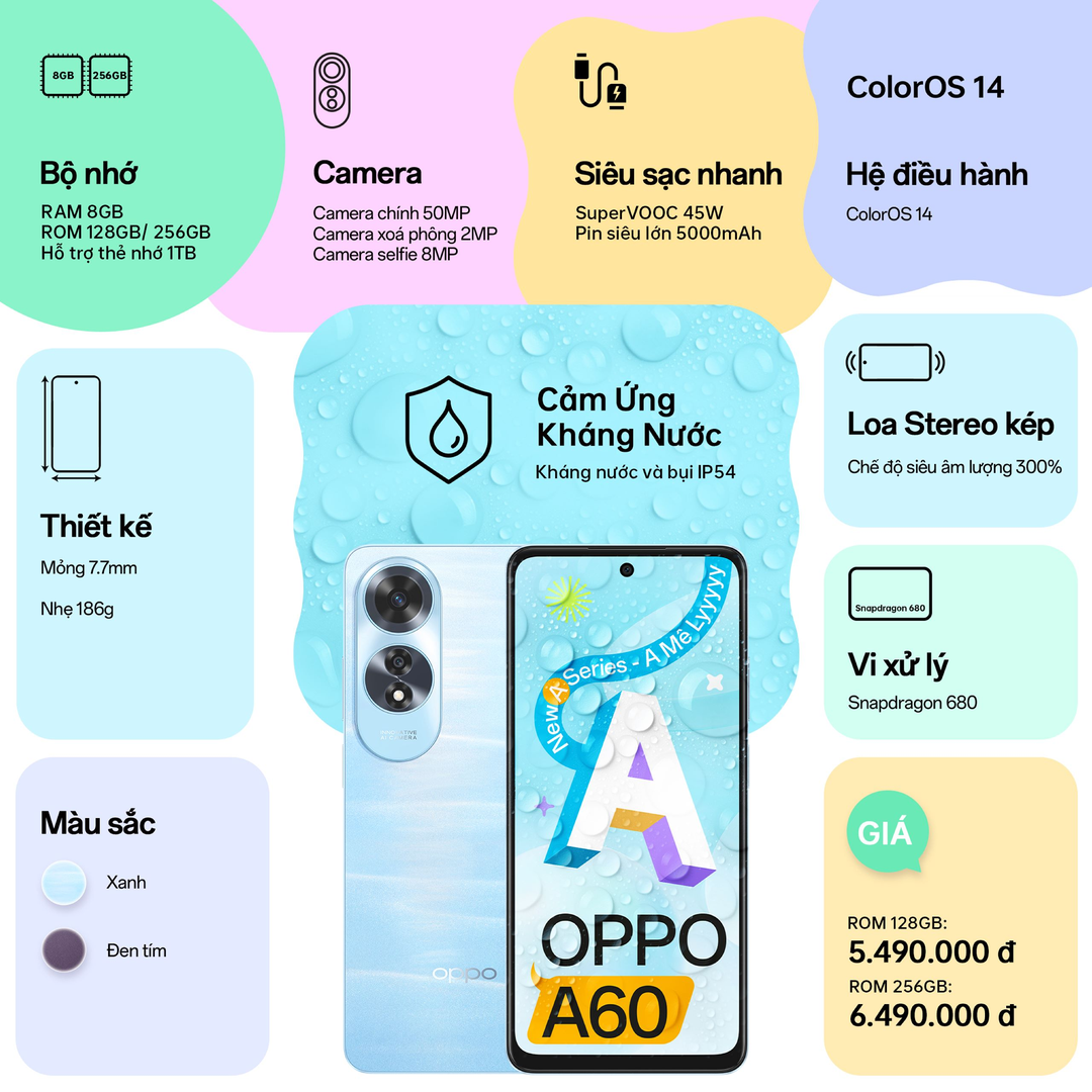 OPPO A60 ra mắt tại Việt Nam: hướng tới GenZ với công nghệ cảm ứng kháng nước, thiết kế thời trang, giá từ 5,49 triệu đồng