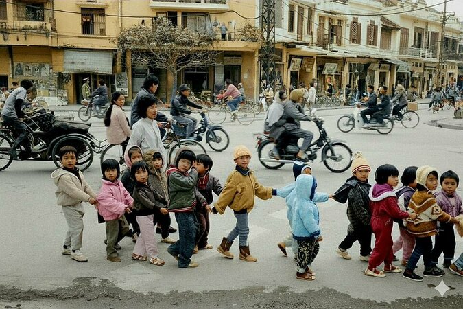 Các em học sinh mẫu giáo đang sang đường Bông Nhuộm ở Hà Nội năm 1990.