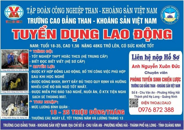 TKV- Tuyển lao động Nam 18- 35 Tuổi biết đọc; biết viết là được, đào tạo ngắn hạn miễn phí