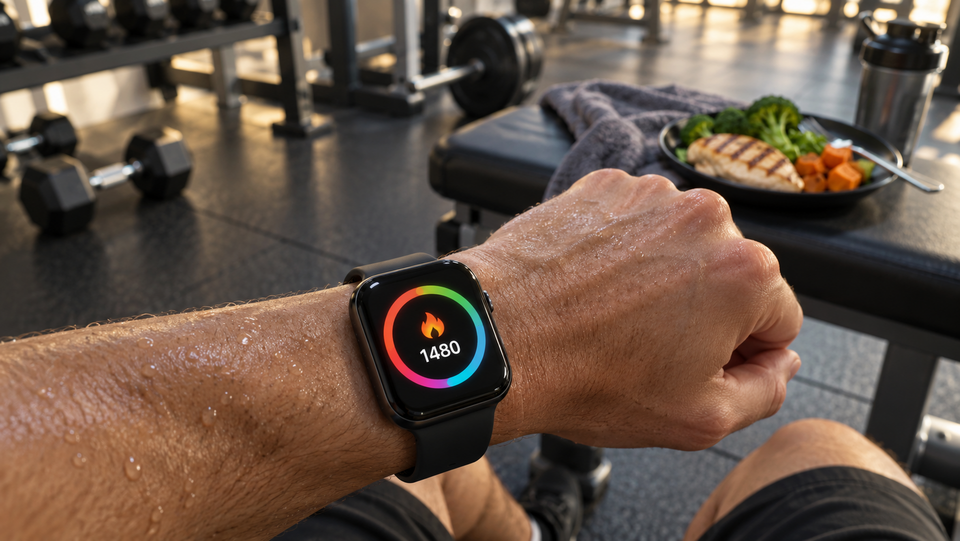 Hình minh hoạ màn hình đồng hồ thông minh hiển thị lượng calo tiêu thụ sau buổi tập gym Hình minh hoạ màn hình đồng hồ thông minh hiển thị lượng calo tiêu thụ sau buổi tập gym