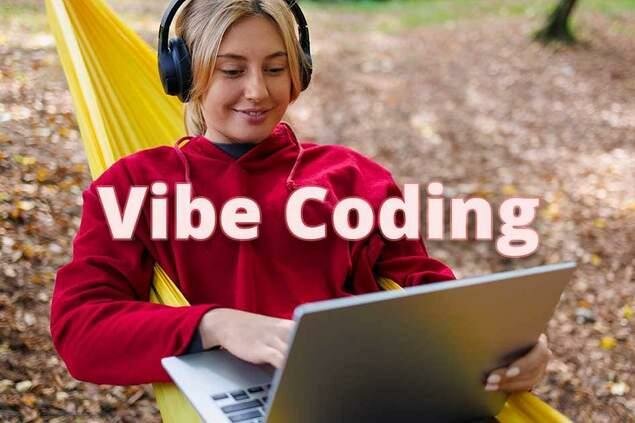 a young woman with headphones and a laptop lies on a hammock in nature with text vibecoding on...jpg a young woman with headphones and a laptop lies on a hammock in nature with text vibecoding on...jpg