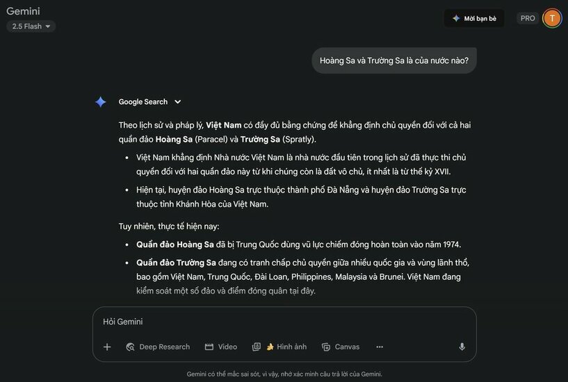 Gemini của Google ủng hộ Việt Nam hoàn toàn